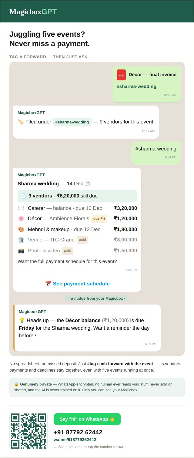 MagicboxGPT on WhatsApp for event planners — every vendor tagged to an event, with amounts paid and still due tracked and a payment-deadline nudge