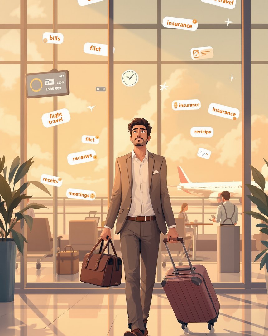 A working professional carrying the day's admin — bills, travel, receipts