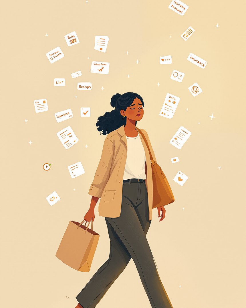 A working mum carrying the day's admin — bills, tickets, forms
