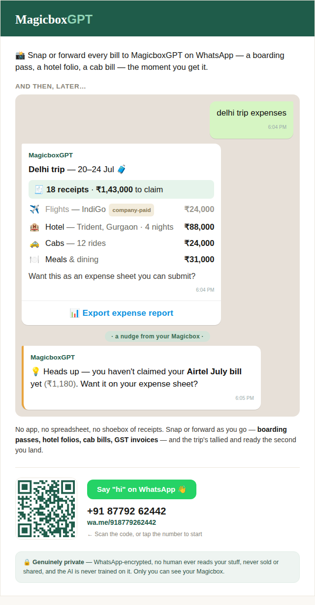 A MagicboxGPT trip expense summary with claimable total and one-tap export