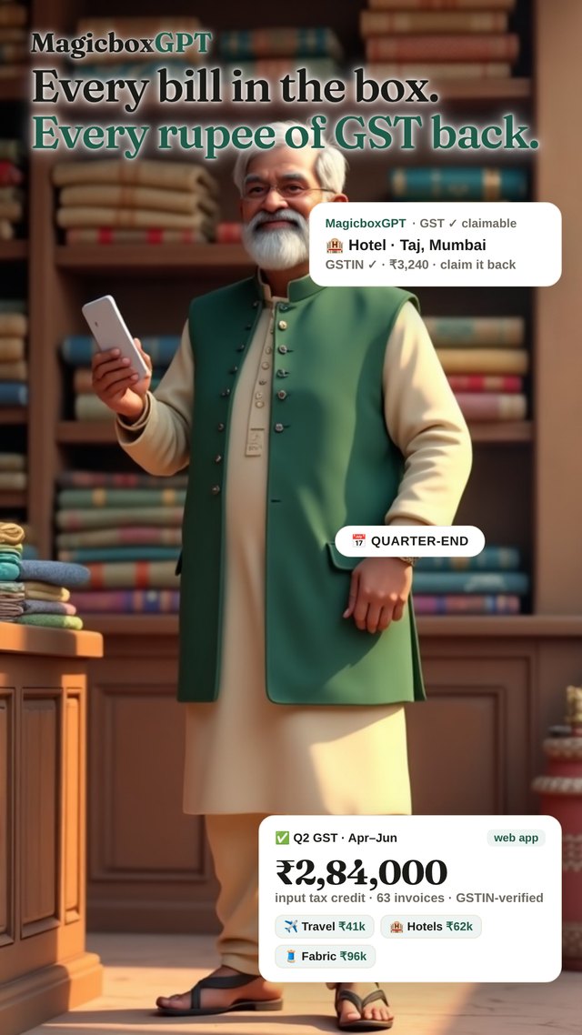MagicboxGPT on WhatsApp for a Jaipur garment-store owner in a green Nehru jacket — vendor bills, GST invoices and travel receipts forwarded through the quarter, and at filing time the whole Q2 GST set (₹2,84,000 input tax credit, 63 invoices) ready to hand the accountant